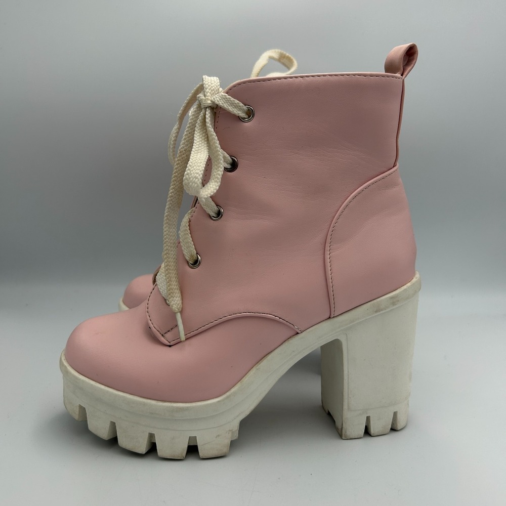 Pink Combat Boot Womens 6.5‎ Pink Platform Chunky Heel Block Ankle Lace Up Y2K
